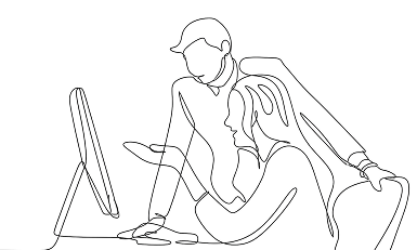 A continuous single-line drawing of a man and a woman looking at a desktop computer monitor together. The woman is seated, and the man is standing behind her, leaning in with one hand resting on the desk and his other arm draped over the back of her chair, depicting a collaborative or shared workspace environment.